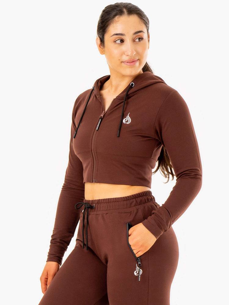 Bluzy Z Kapturem Damskie Ryderwear Women Hoodie Luxe Cropped Zip Czekolada | PL2460CE