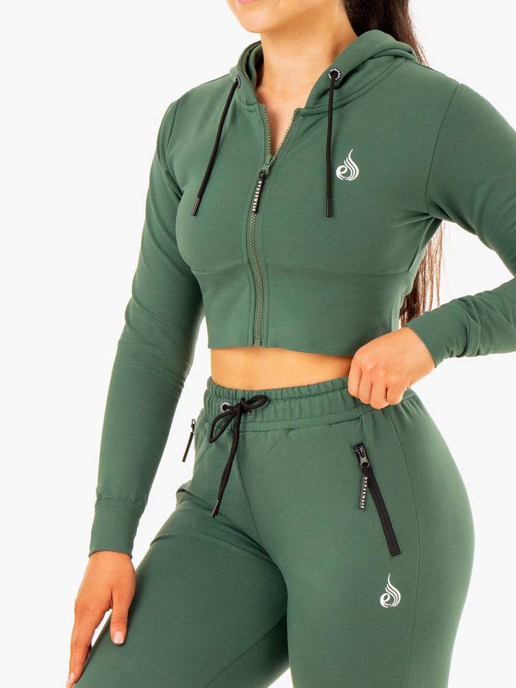 Bluzy Z Kapturem Damskie Ryderwear Women Hoodie Luxe Cropped Zip Zielone | PL2482MA