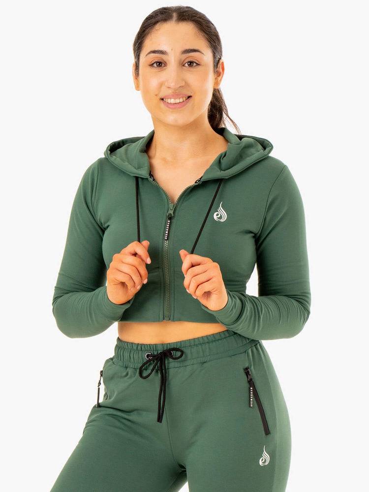 Bluzy Z Kapturem Damskie Ryderwear Women Hoodie Luxe Cropped Zip Zielone | PL2482MA