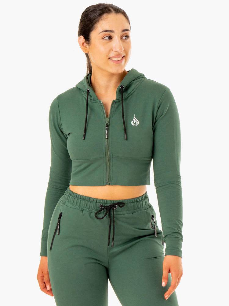 Bluzy Z Kapturem Damskie Ryderwear Women Hoodie Luxe Cropped Zip Zielone | PL2482MA