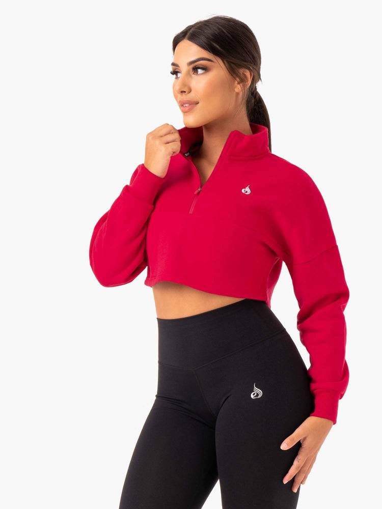 Bluzy Z Kapturem Damskie Ryderwear Women Hoodie Base Half Zip Jumper Różowe Czerwone | PL2484BC