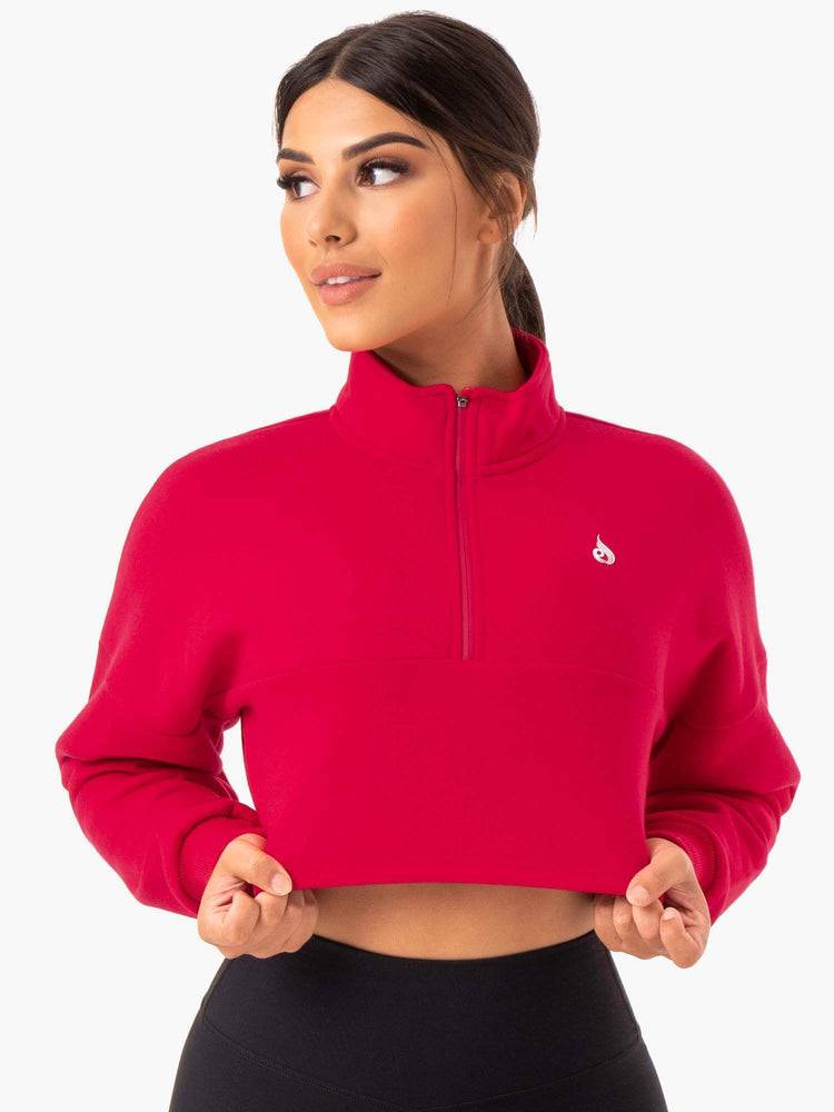 Bluzy Z Kapturem Damskie Ryderwear Women Hoodie Base Half Zip Jumper Różowe Czerwone | PL2484BC