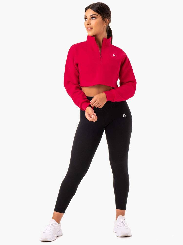 Bluzy Z Kapturem Damskie Ryderwear Women Hoodie Base Half Zip Jumper Różowe Czerwone | PL2484BC