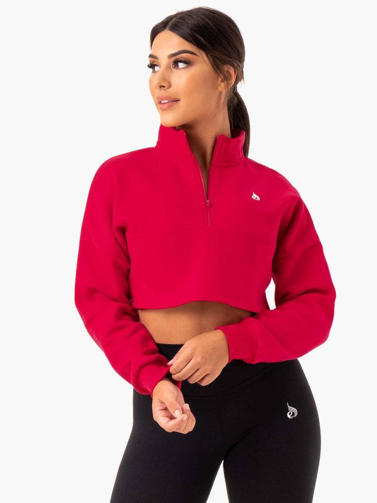 Bluzy Z Kapturem Damskie Ryderwear Women Hoodie Base Half Zip Jumper Różowe Czerwone | PL2484BC