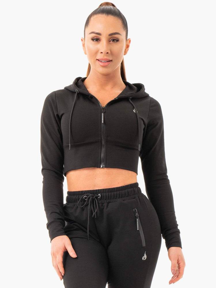 Bluzy Z Kapturem Damskie Ryderwear Women Hoodie Luxe Cropped Zip Czarne | PL2486CE