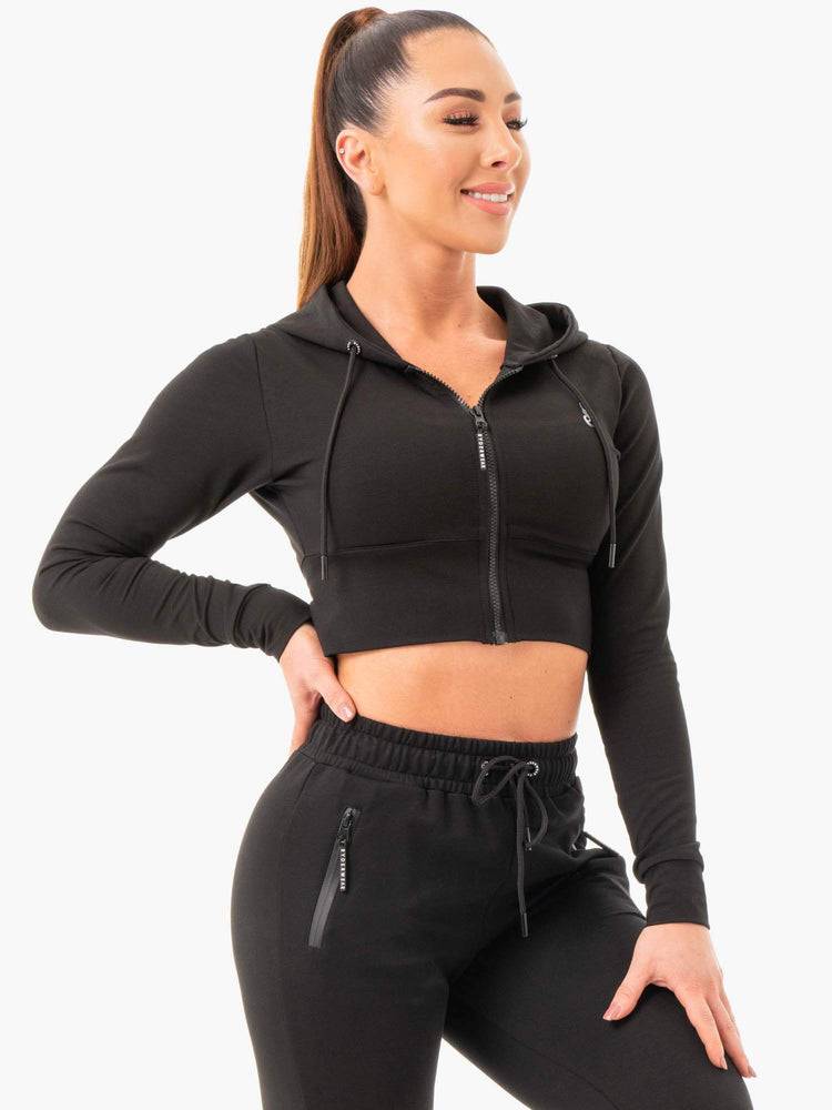 Bluzy Z Kapturem Damskie Ryderwear Women Hoodie Luxe Cropped Zip Czarne | PL2486CE