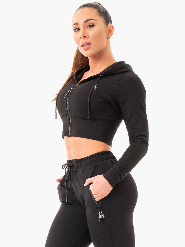 Bluzy Z Kapturem Damskie Ryderwear Women Hoodie Luxe Cropped Zip Czarne | PL2486CE