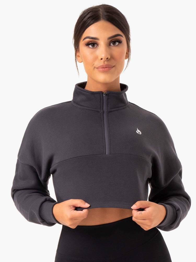 Bluzy Z Kapturem Damskie Ryderwear Women Hoodie Base Half Zip Jumper Szare | PL2501UT