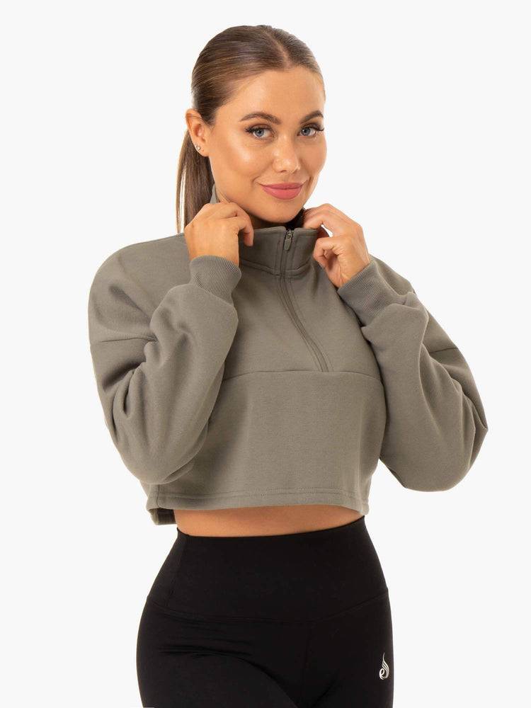 Bluzy Z Kapturem Damskie Ryderwear Women Hoodie Base Half Zip Jumper Khaki | PL2502YU