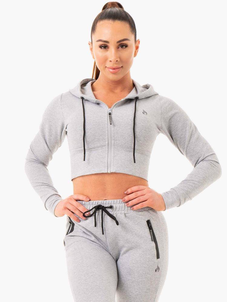 Bluzy Z Kapturem Damskie Ryderwear Women Hoodie Luxe Cropped Zip Szare | PL2503TV