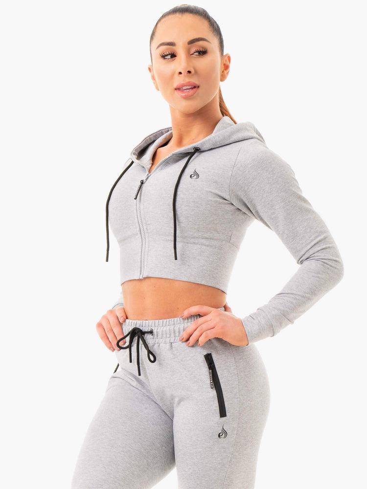 Bluzy Z Kapturem Damskie Ryderwear Women Hoodie Luxe Cropped Zip Szare | PL2503TV