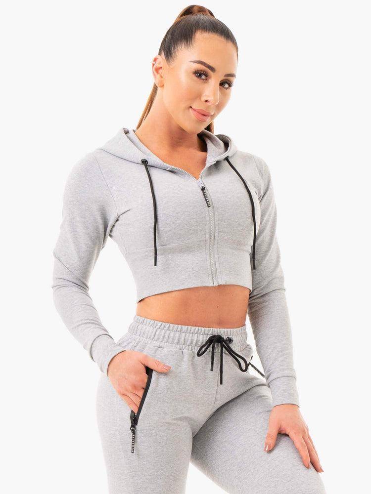 Bluzy Z Kapturem Damskie Ryderwear Women Hoodie Luxe Cropped Zip Szare | PL2503TV