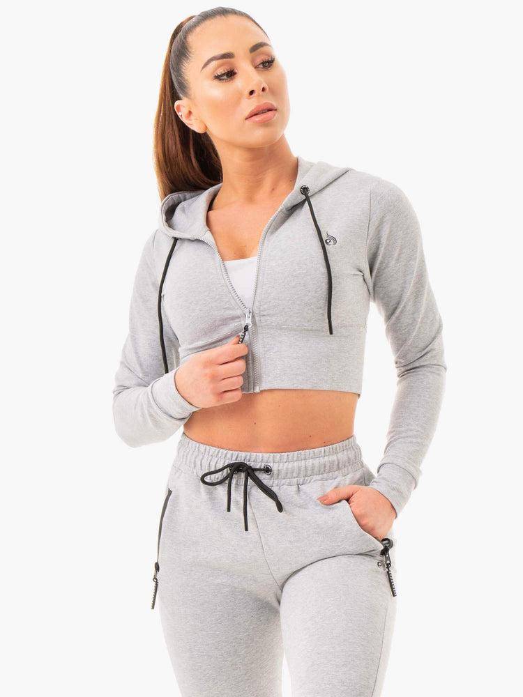 Bluzy Z Kapturem Damskie Ryderwear Women Hoodie Luxe Cropped Zip Szare | PL2503TV