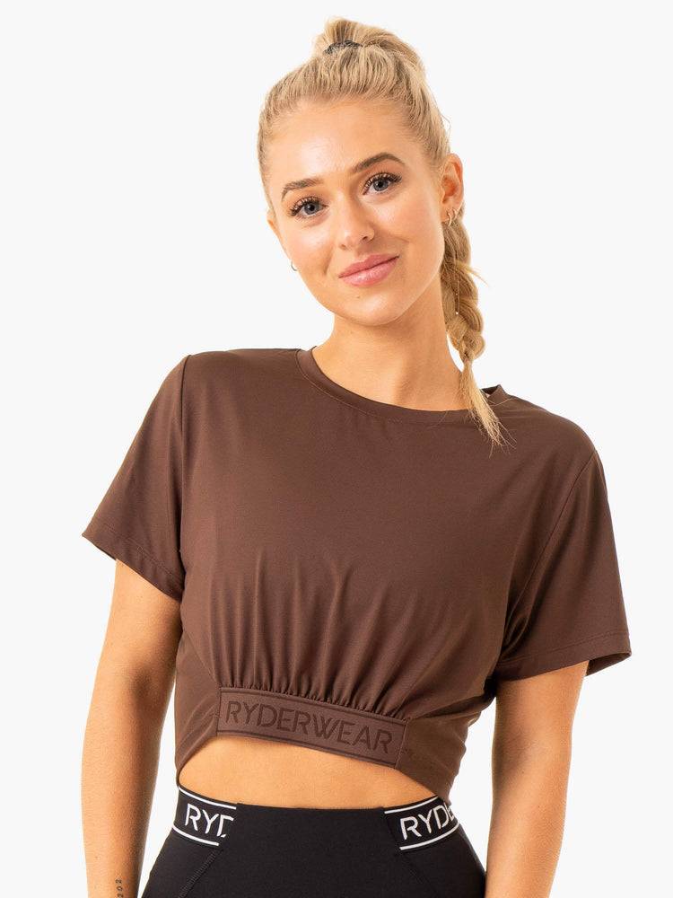 Koszulki Damskie Ryderwear Women T Shirts Level Up Cropped Czekolada | PL1368LH