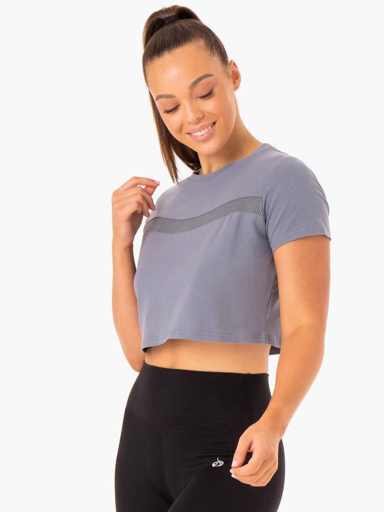 Koszulki Damskie Ryderwear Women T Shirts Hybryd Mesh Tee Szare Niebieskie | PL1442GL