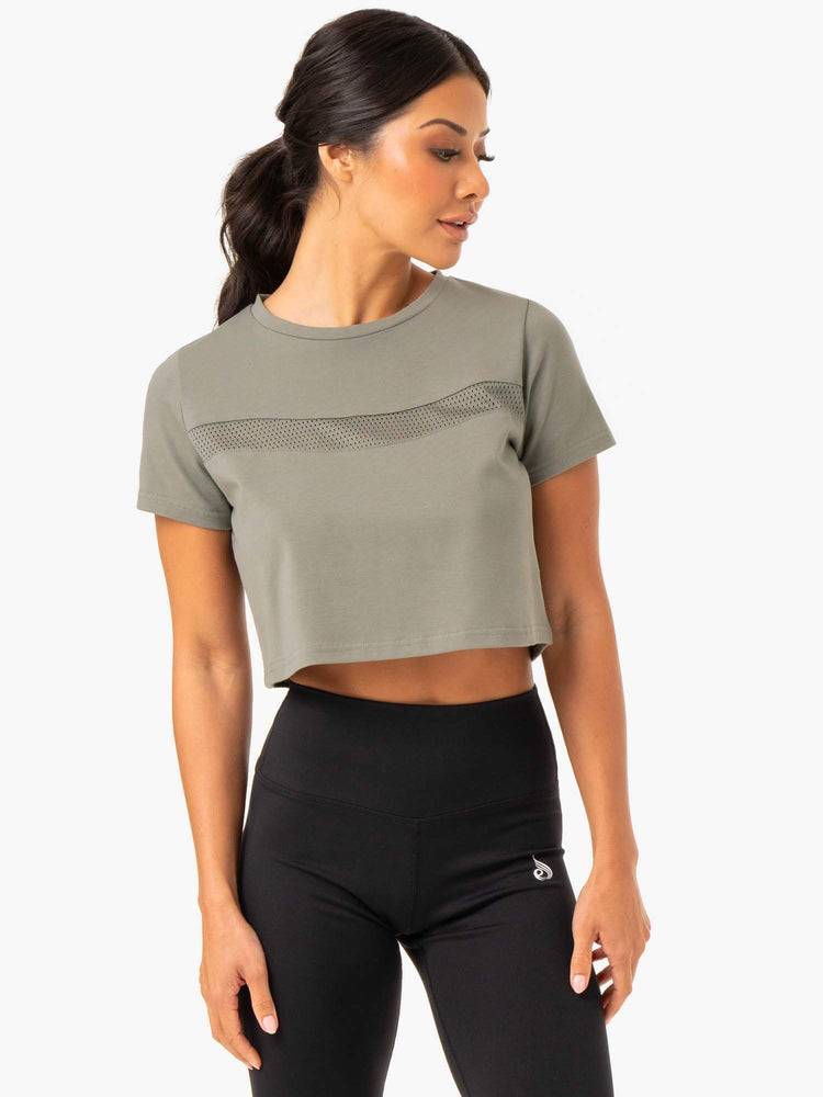 Koszulki Damskie Ryderwear Women T Shirts Hybryd Mesh Tee Khaki | PL1443HK