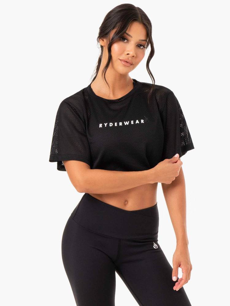 Koszulki Damskie Ryderwear Women T Shirts Amazon Mesh Cropped Tee Czarne | PL1457RW