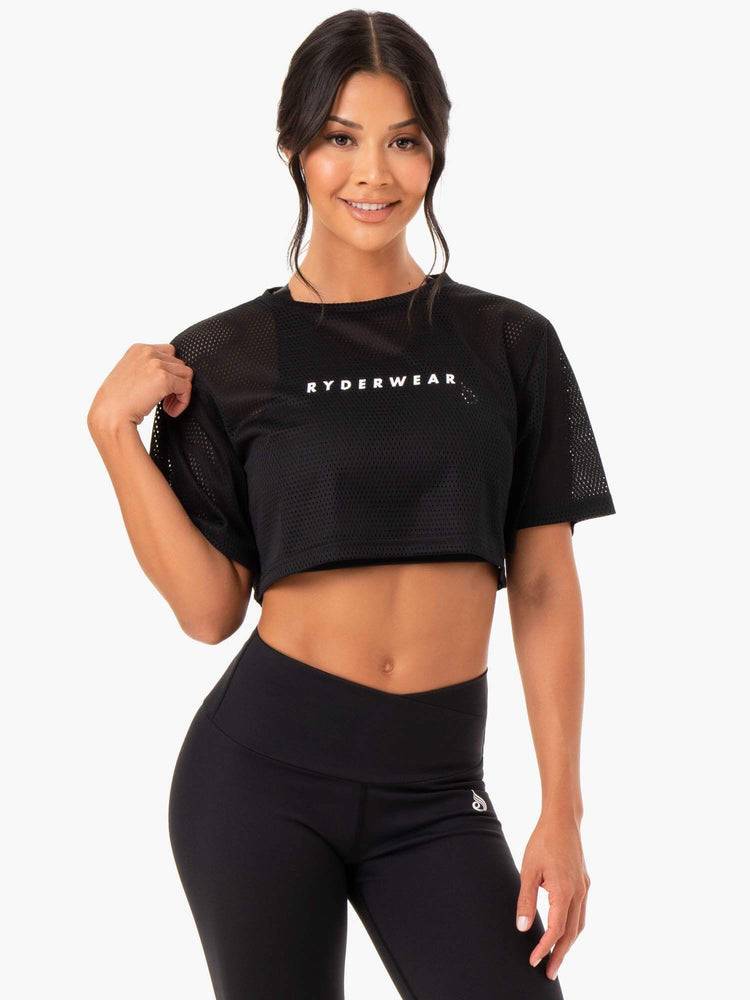 Koszulki Damskie Ryderwear Women T Shirts Amazon Mesh Cropped Tee Czarne | PL1457RW