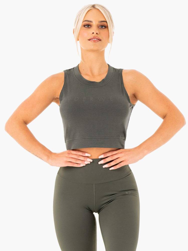 Podkoszulki Damskie Ryderwear Women Tanks Motion Crop Top Khaki | PL1198TV