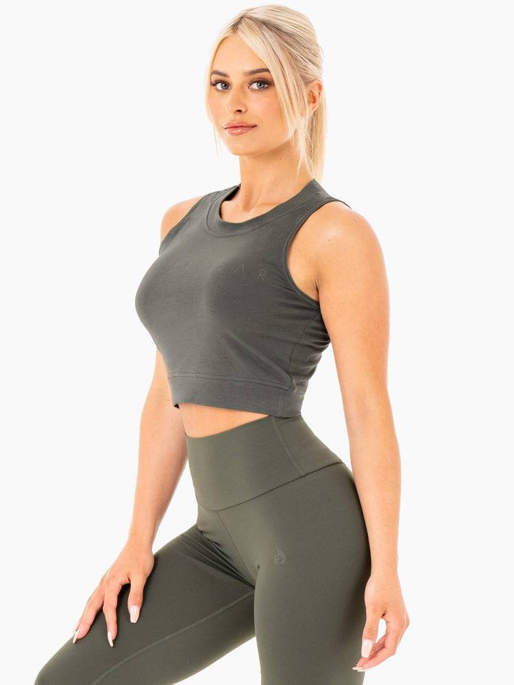 Podkoszulki Damskie Ryderwear Women Tanks Motion Crop Top Khaki | PL1198TV