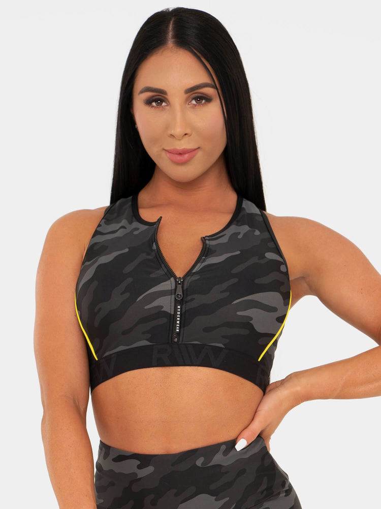 Staniki Sportowe Damskie Ryderwear Women Sports Bra BFCAMO Zip Up Camo | PL1653KI