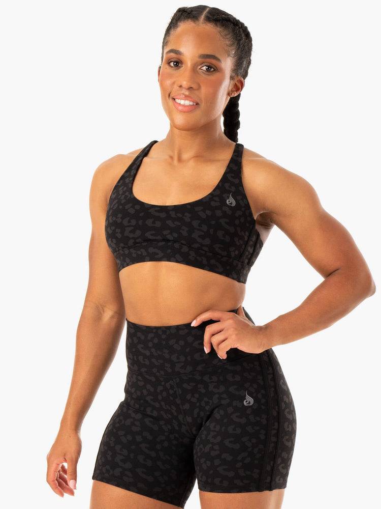 Staniki Sportowe Damskie Ryderwear Women Sports Bra Evolution Czarne Panterka | PL1694UT