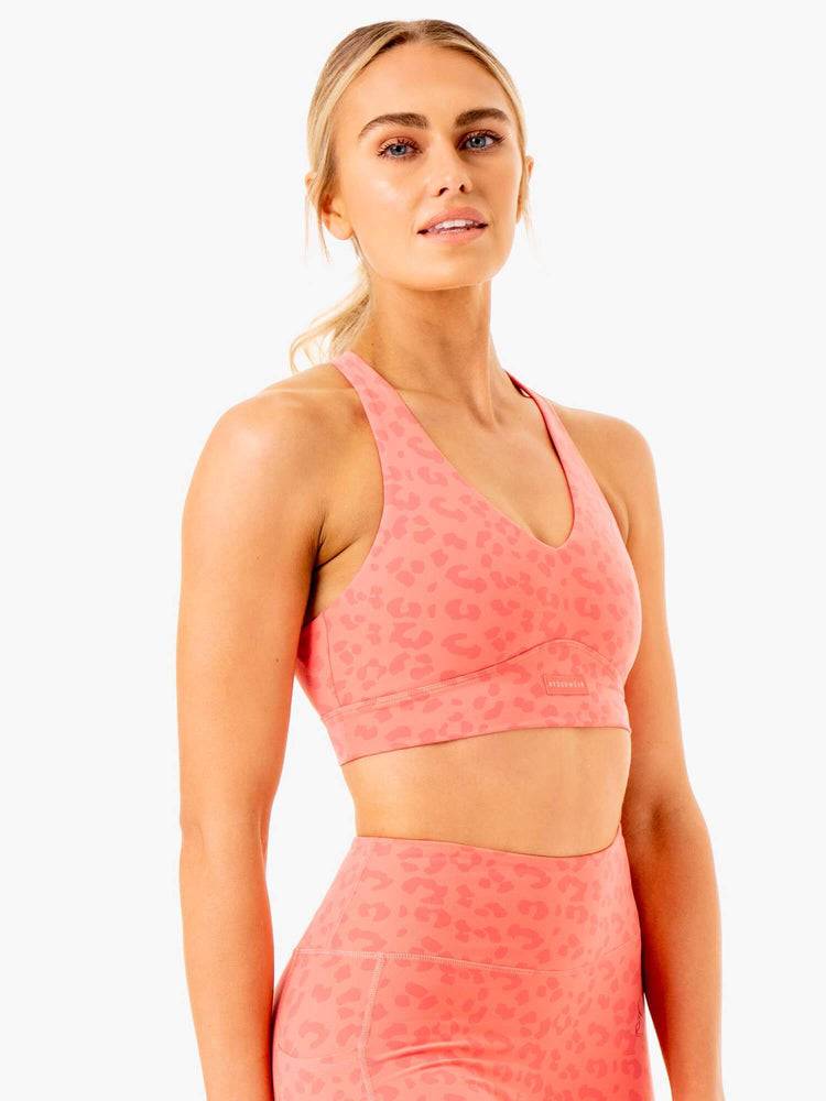 Staniki Sportowe Damskie Ryderwear Women Sports Bra Ultra V-Neck Koralowe Panterka | PL1738NB