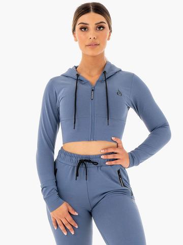 Bluzy Z Kapturem Damskie Ryderwear Women Hoodie Luxe Cropped Zip Szare Niebieskie | PL2475UT