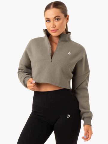 Bluzy Z Kapturem Damskie Ryderwear Women Hoodie Base Half Zip Jumper Khaki | PL2502YU