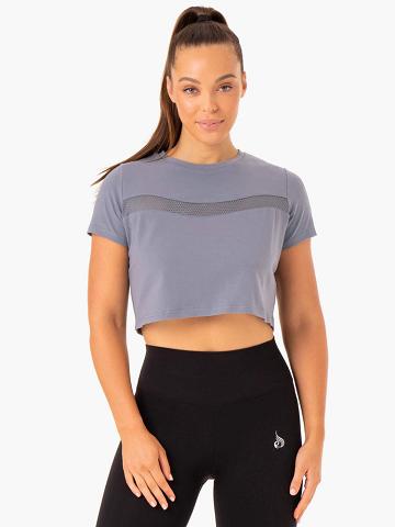 Koszulki Damskie Ryderwear Women T Shirts Hybryd Mesh Tee Szare Niebieskie | PL1442GL