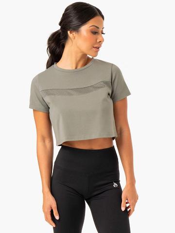 Koszulki Damskie Ryderwear Women T Shirts Hybryd Mesh Tee Khaki | PL1443HK