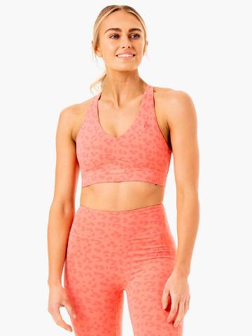 Staniki Sportowe Damskie Ryderwear Women Sports Bra Ultra V-Neck Koralowe Panterka | PL1738NB